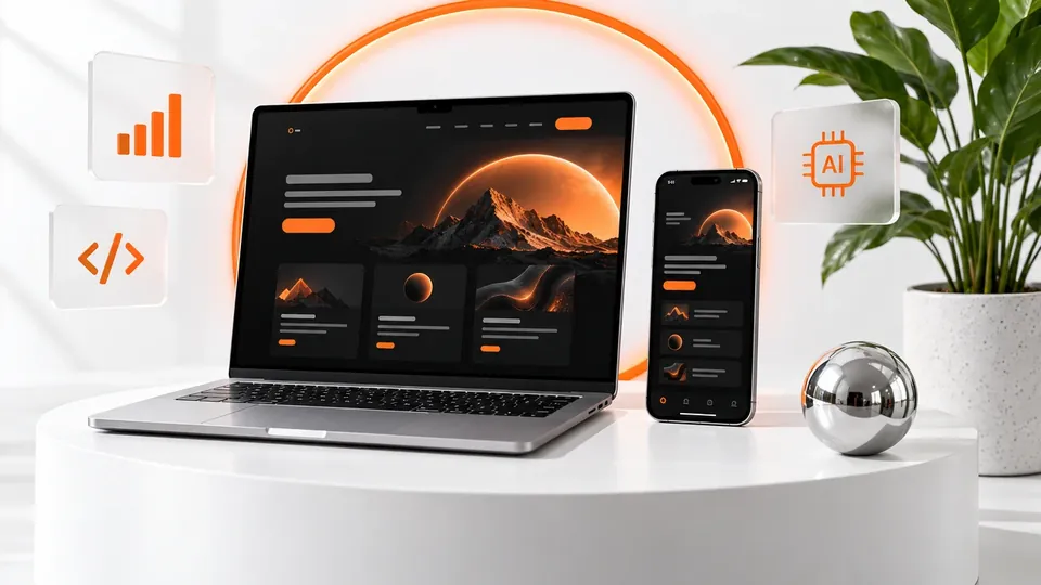 Laptop y celular mostrando un sitio web y una aplicación con detalles en naranja